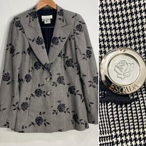 Escada Vintage 80's Single Breasted Blazer Embroidered Wool  Button Monogram 38